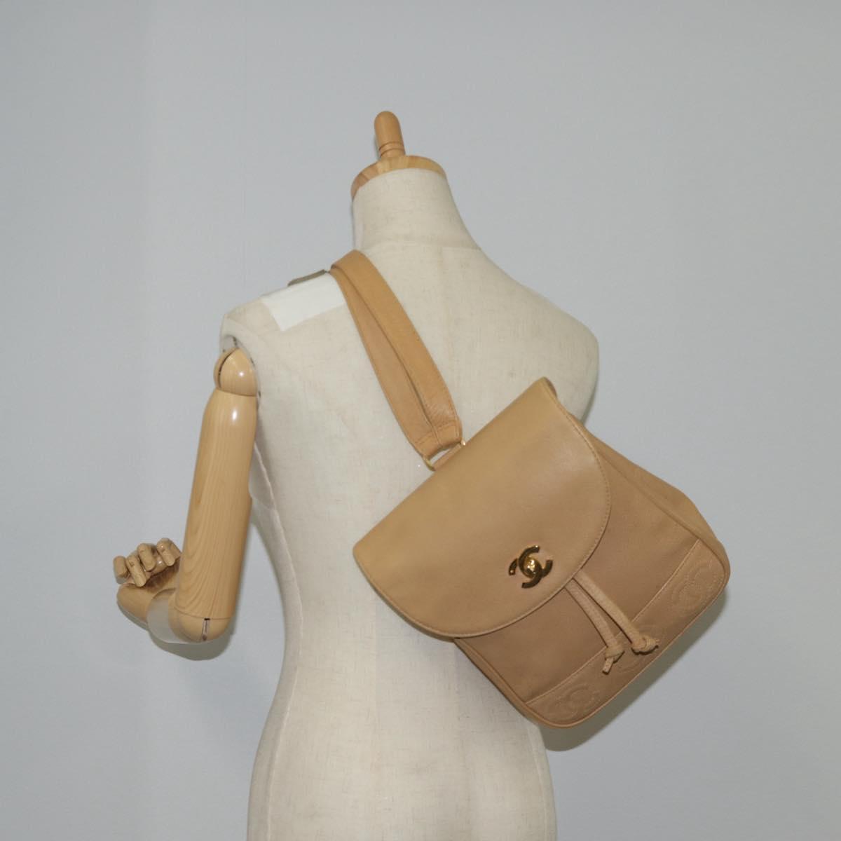 CHANEL Backpack Calf Skin Beige Gold CC Auth kk466A