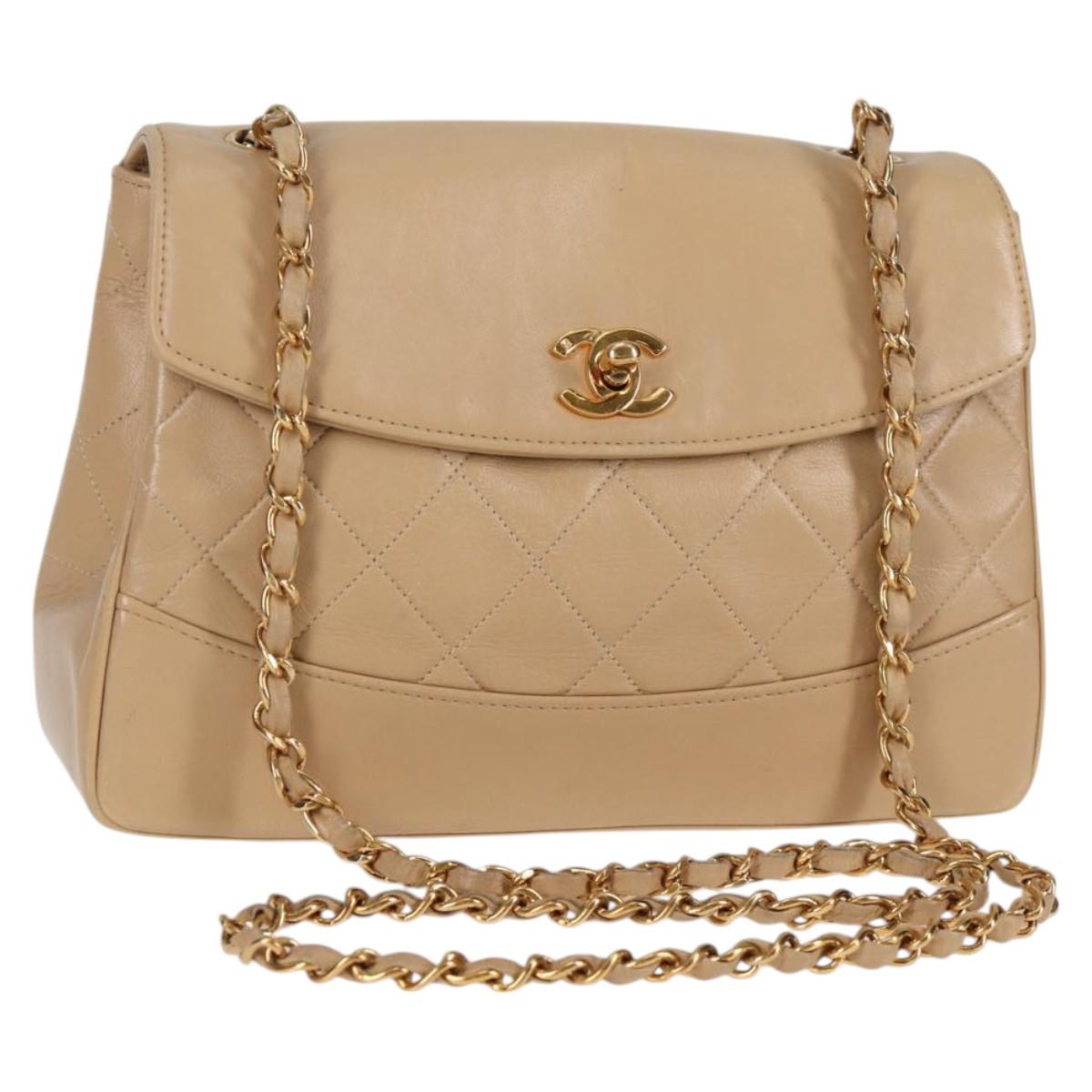 CHANEL Matelasse Chain Shoulder Bag Lamb Skin Beige Gold CC Auth kk467V