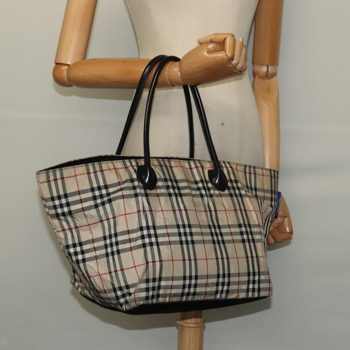 BURBERRY Nova Check Blue Label Tote Bag Nylon Beige Silver Auth kk468