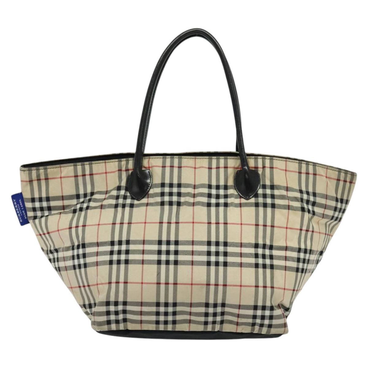 BURBERRY Nova Check Blue Label Tote Bag Nylon Beige Silver Auth kk468