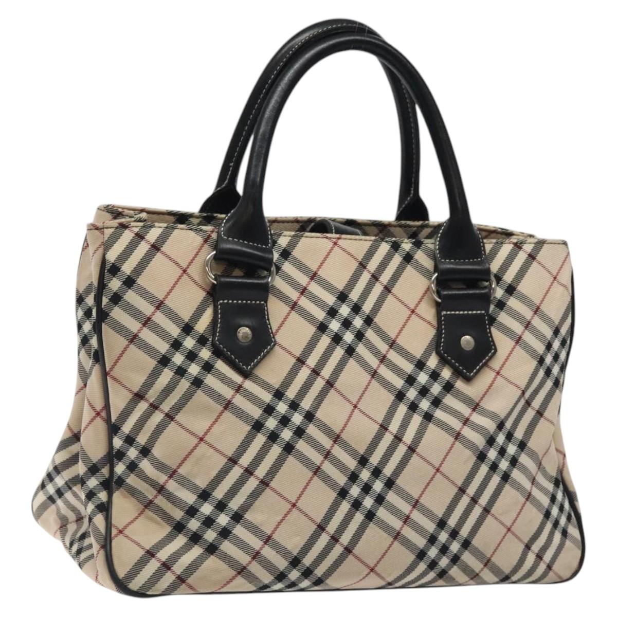 BURBERRY Nova Check Blue Label Hand Bag Nylon Beige Silver Auth kk474