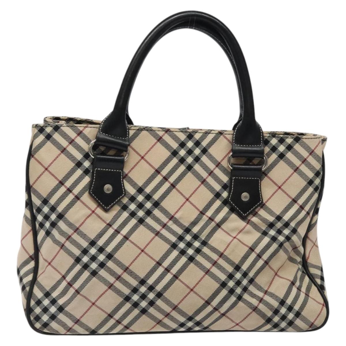 BURBERRY Nova Check Blue Label Hand Bag Nylon Beige Silver Auth kk474