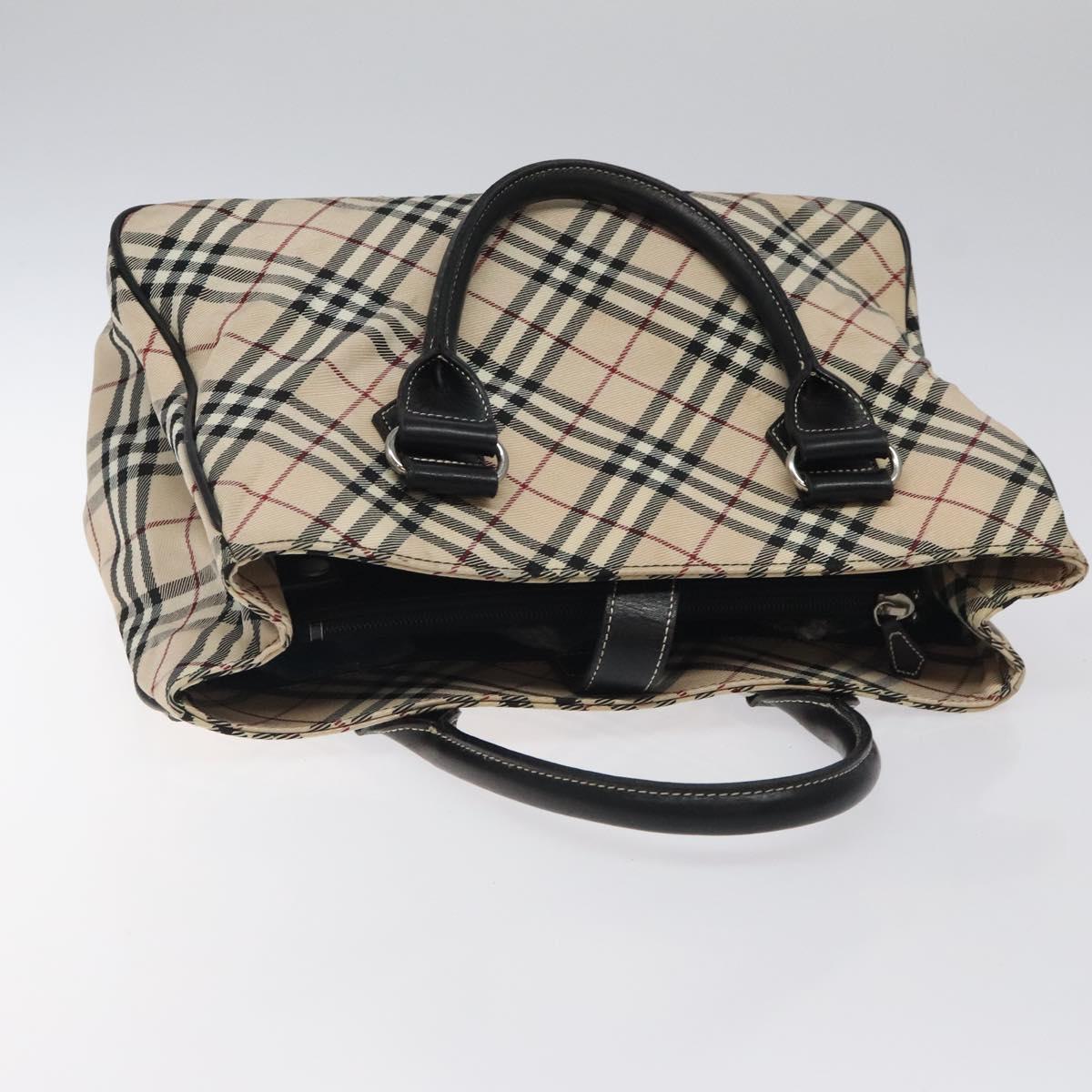 BURBERRY Nova Check Blue Label Hand Bag Nylon Beige Silver Auth kk474