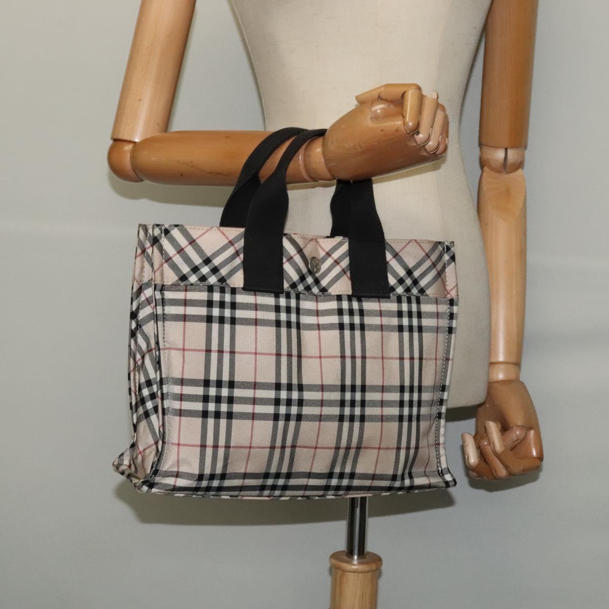 BURBERRY Nova Check Blue Label Hand Bag Nylon Beige Silver Auth kk482