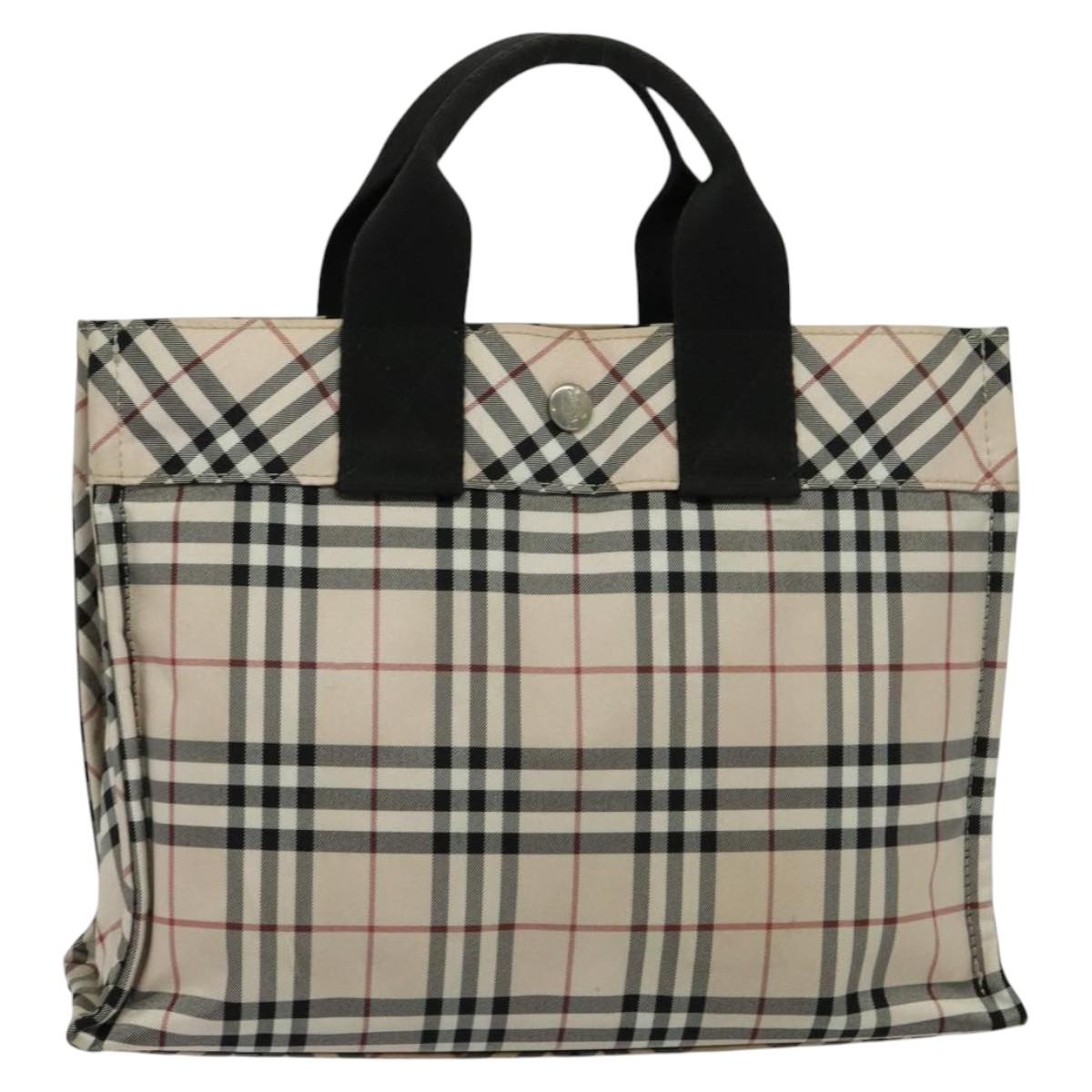 BURBERRY Nova Check Blue Label Hand Bag Nylon Beige Silver Auth kk482