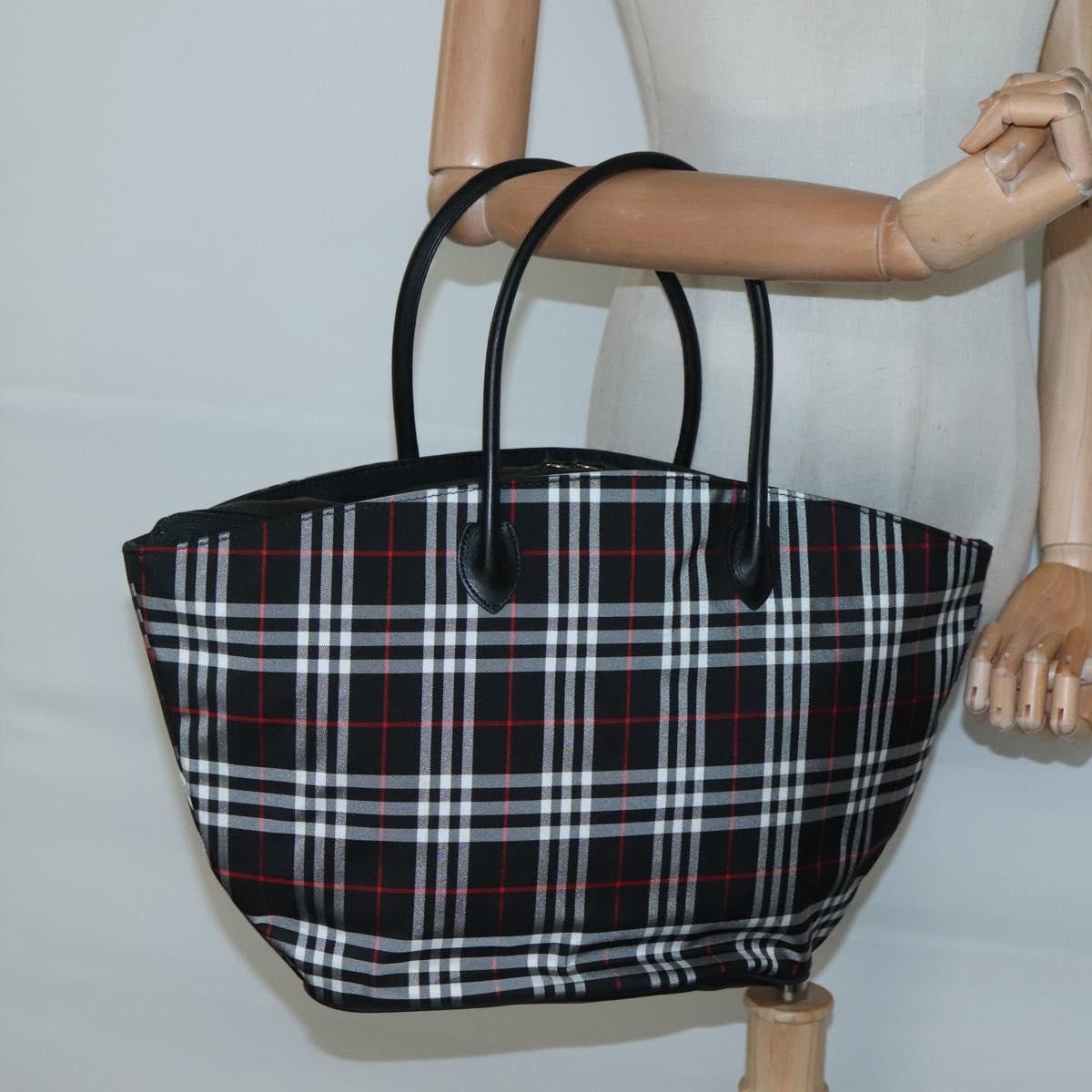 Burberrys Nova Check Blue Label Tote Bag Nylon Black Silver Auth kk486