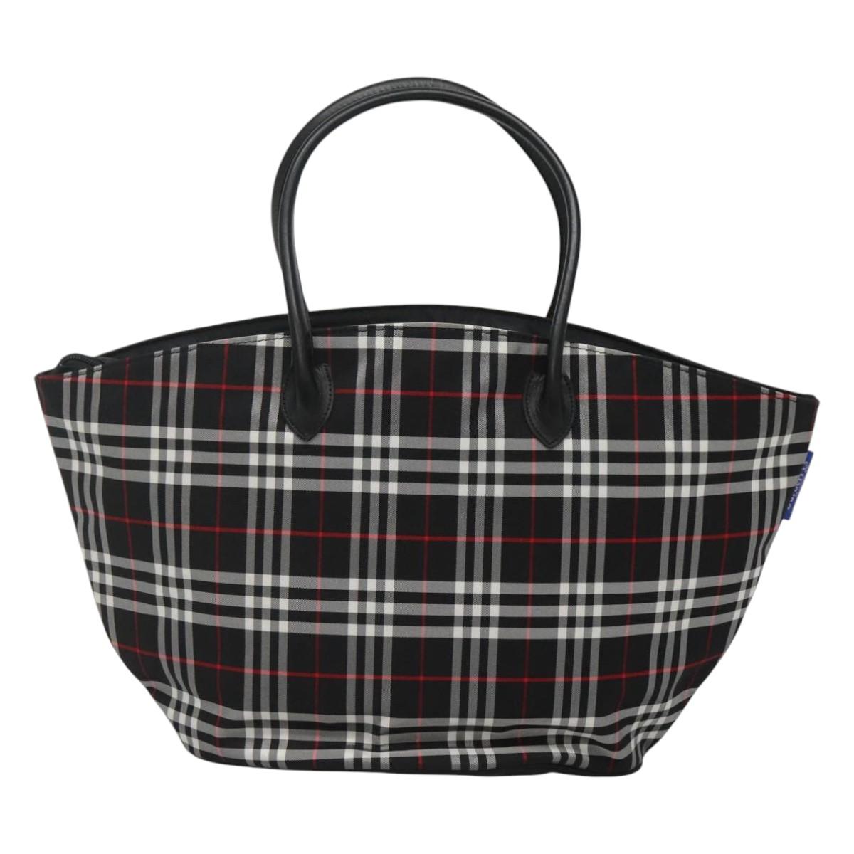 Burberrys Nova Check Blue Label Tote Bag Nylon Black Silver Auth kk486