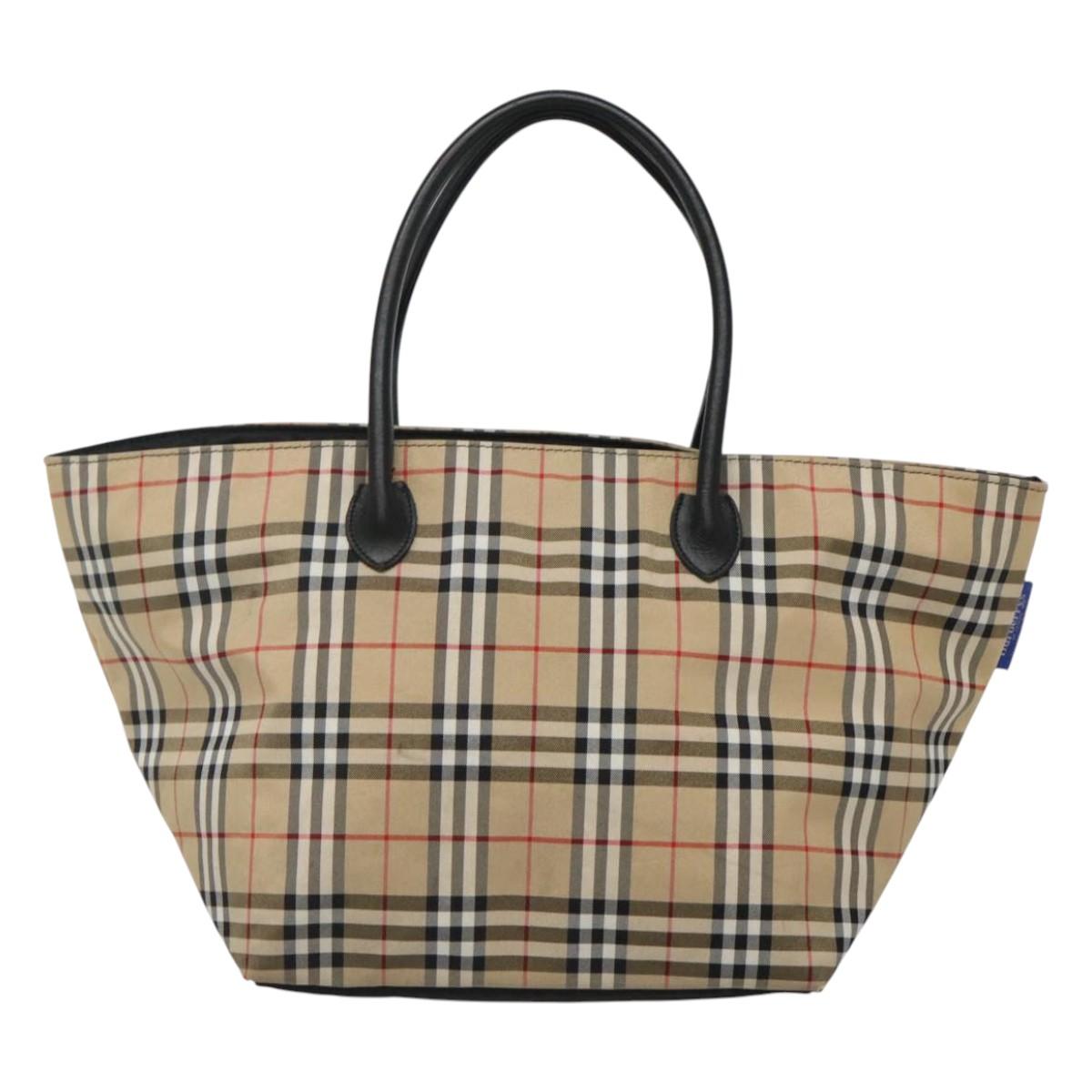 Burberrys Nova Check Blue Label Tote Bag Nylon Beige Silver Auth kk487