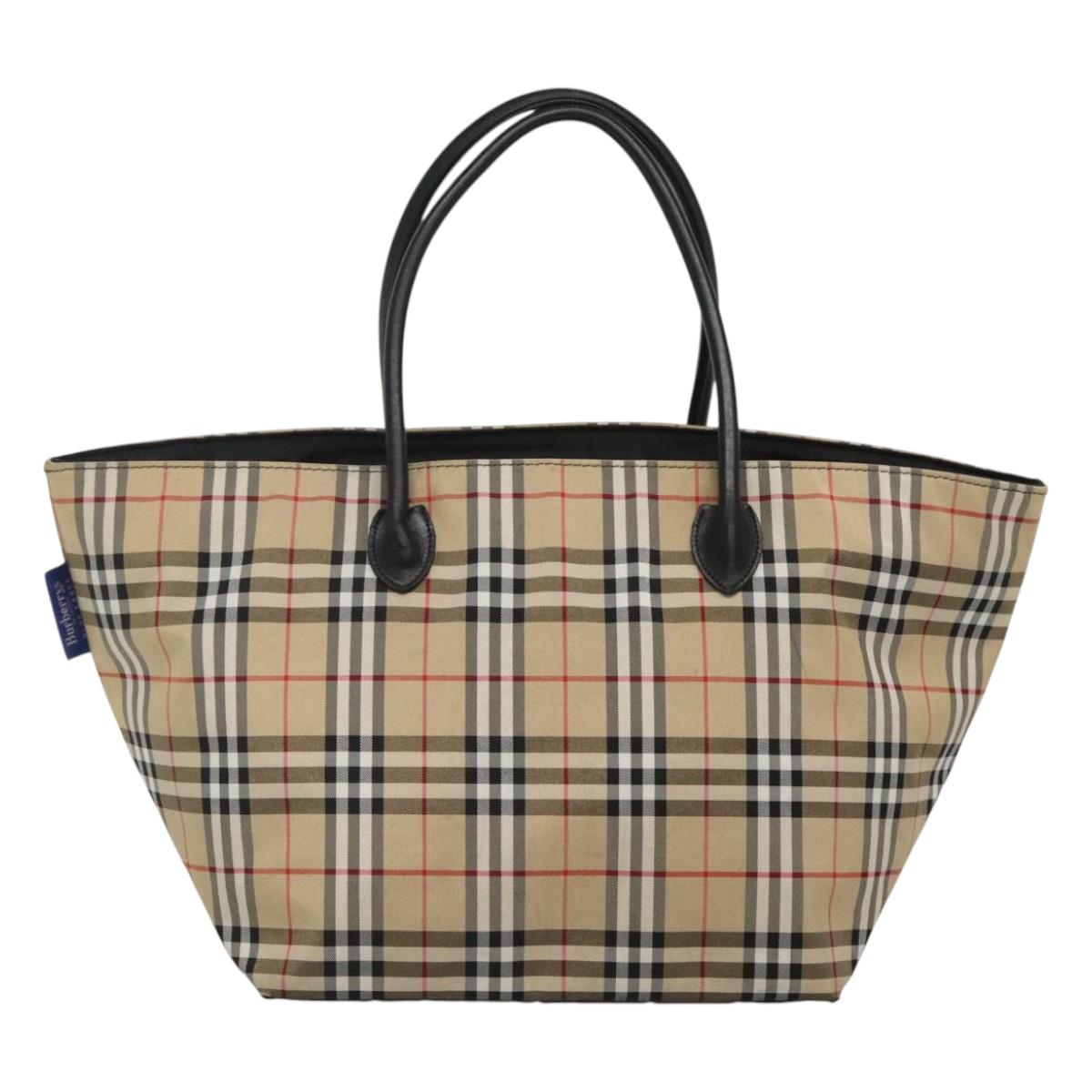 Burberrys Nova Check Blue Label Tote Bag Nylon Beige Silver Auth kk487