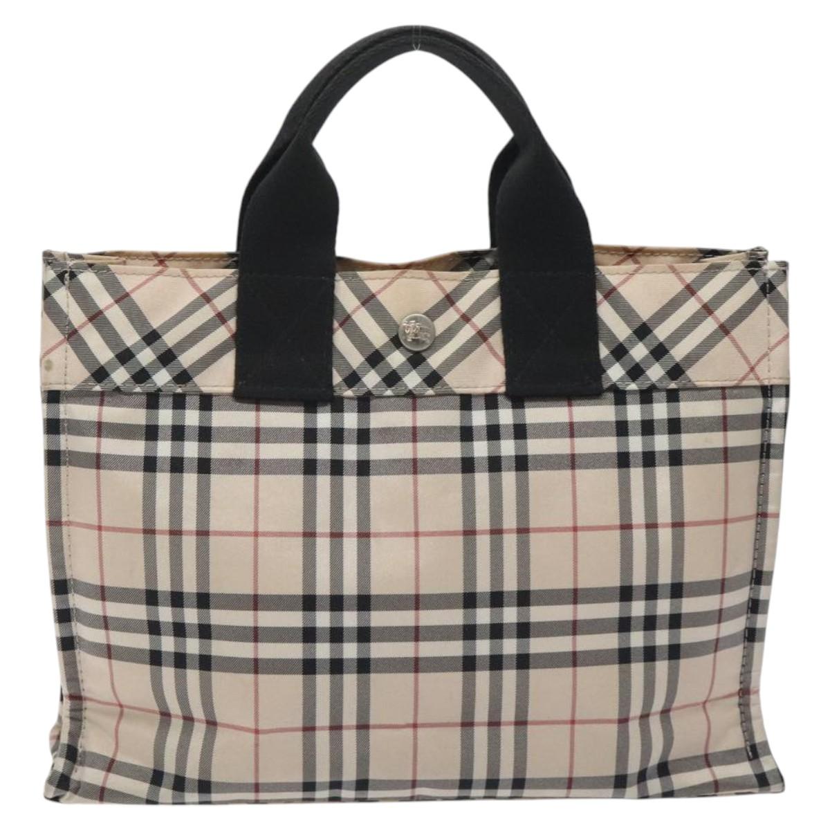 BURBERRY Nova Check Blue Label Hand Bag Nylon Beige Silver Auth kk500