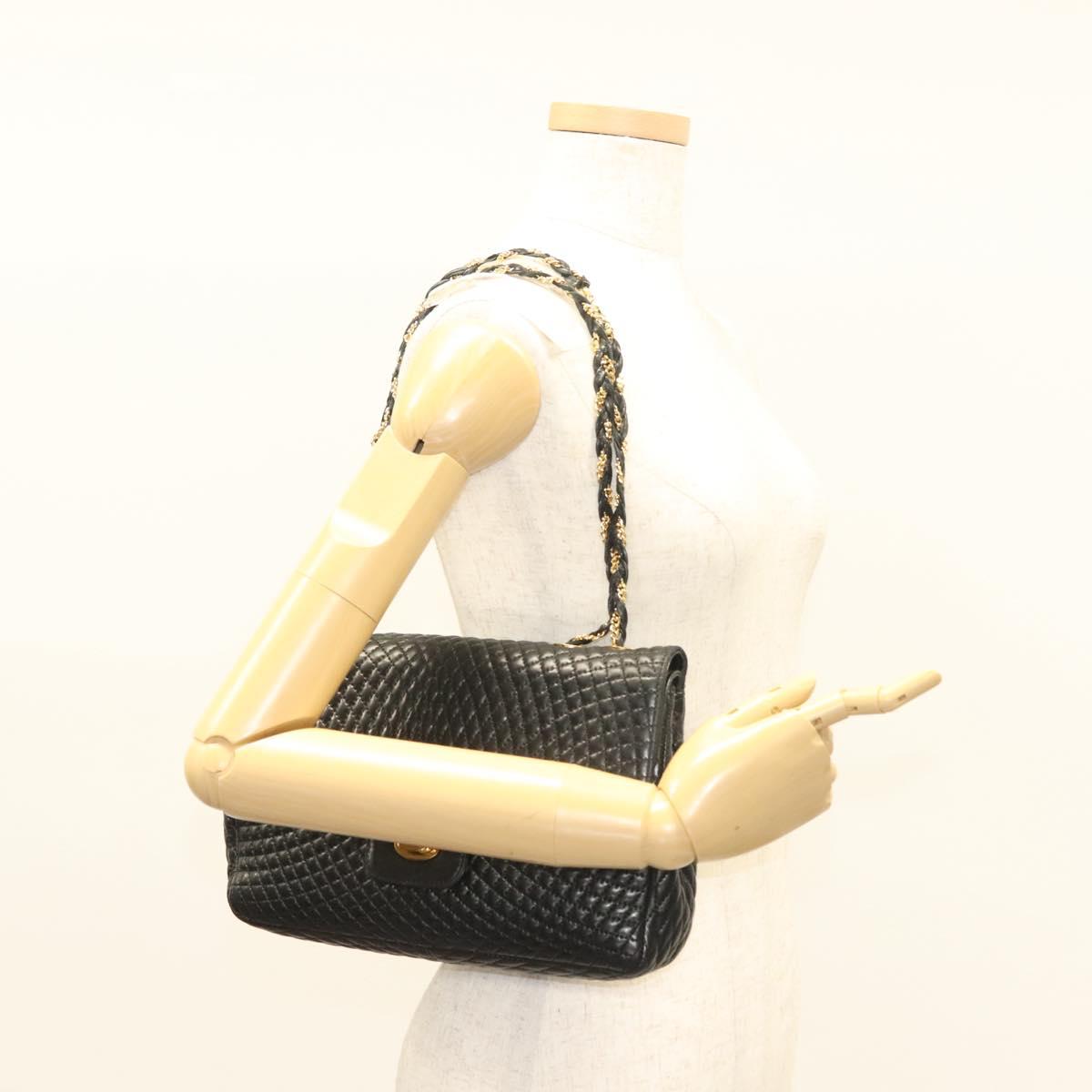 BALLY Chain Shoulder Bag Leather Black Gold Auth kk523