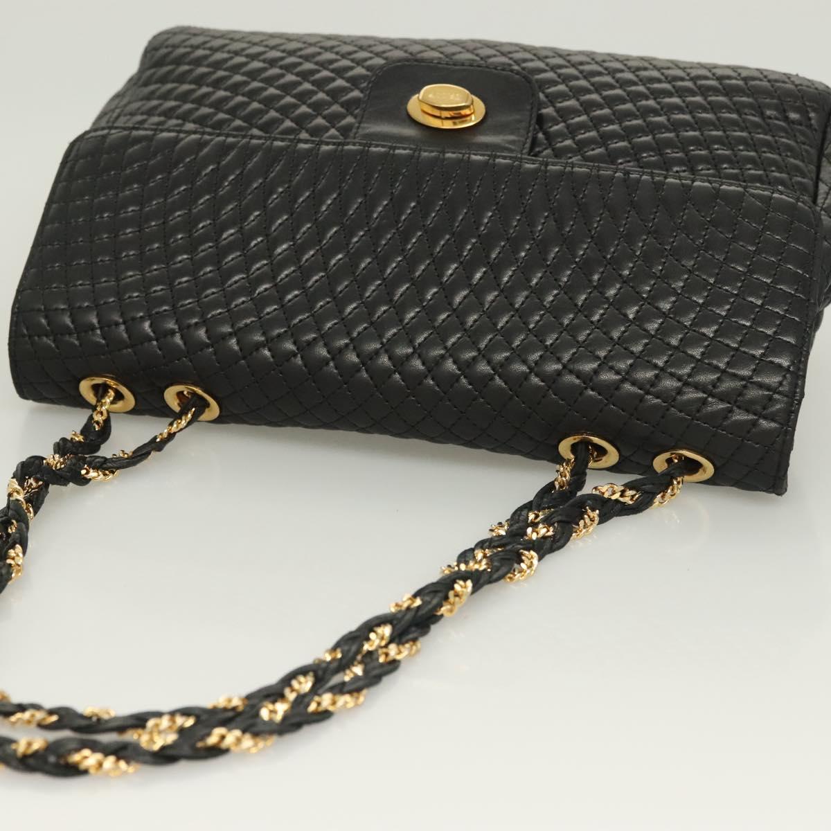 BALLY Chain Shoulder Bag Leather Black Gold Auth kk523