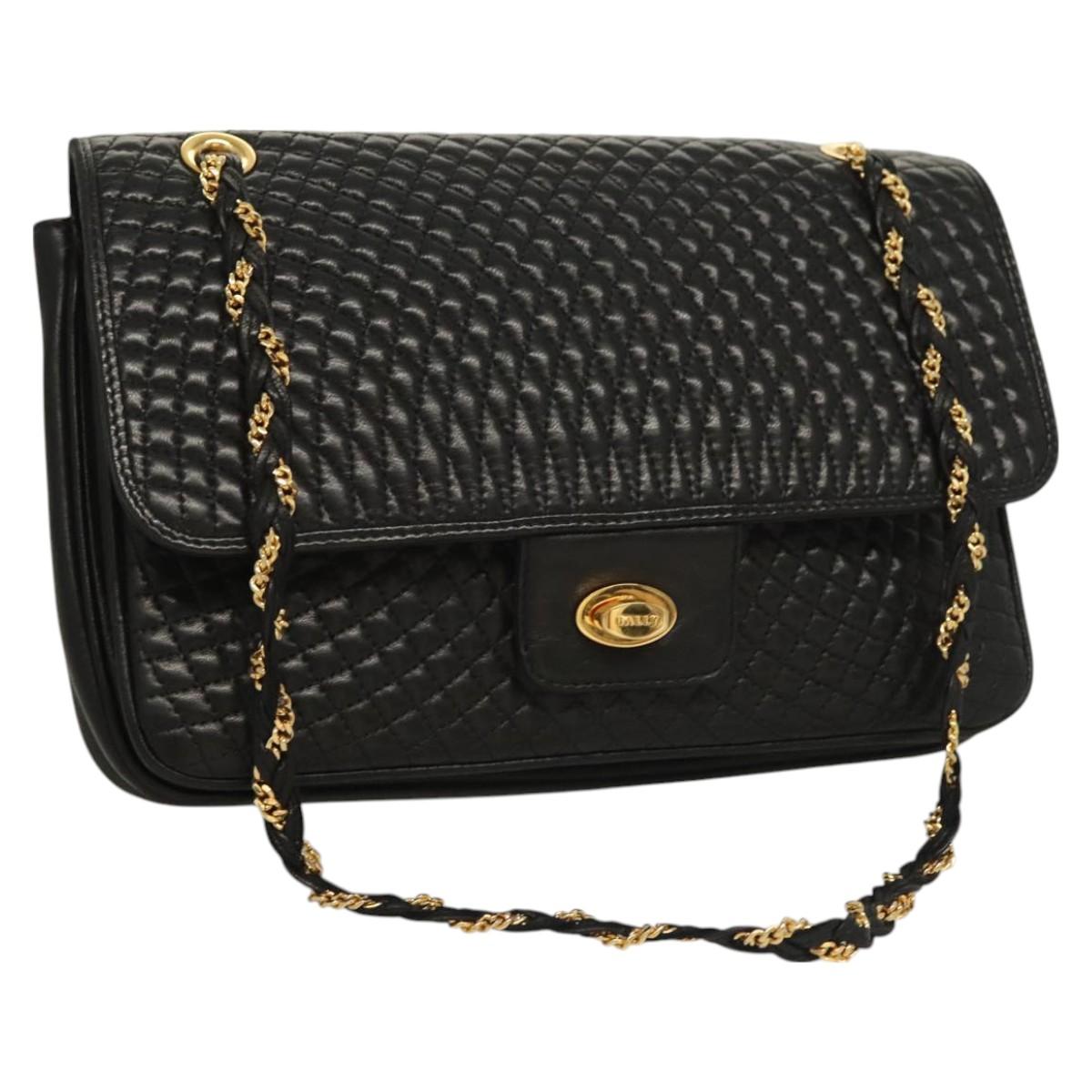 BALLY Chain Shoulder Bag Leather Black Gold Auth kk524