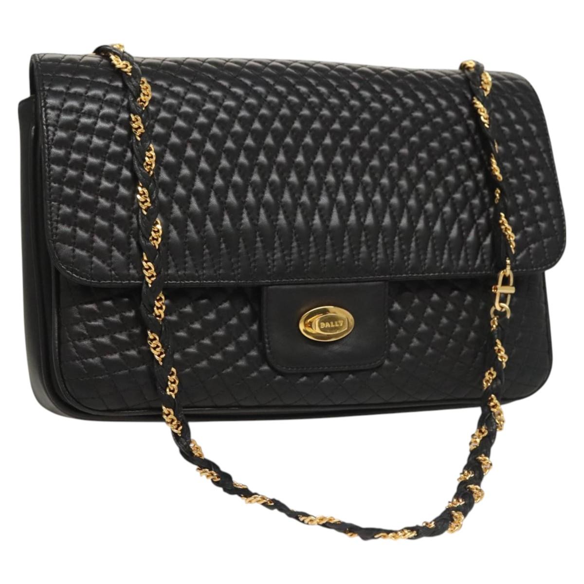 BALLY Chain Shoulder Bag Leather Black Gold Auth kk526