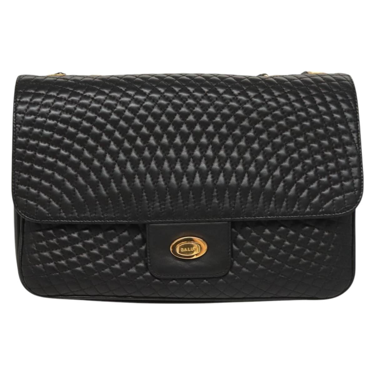 BALLY Chain Shoulder Bag Leather Black Gold Auth kk526