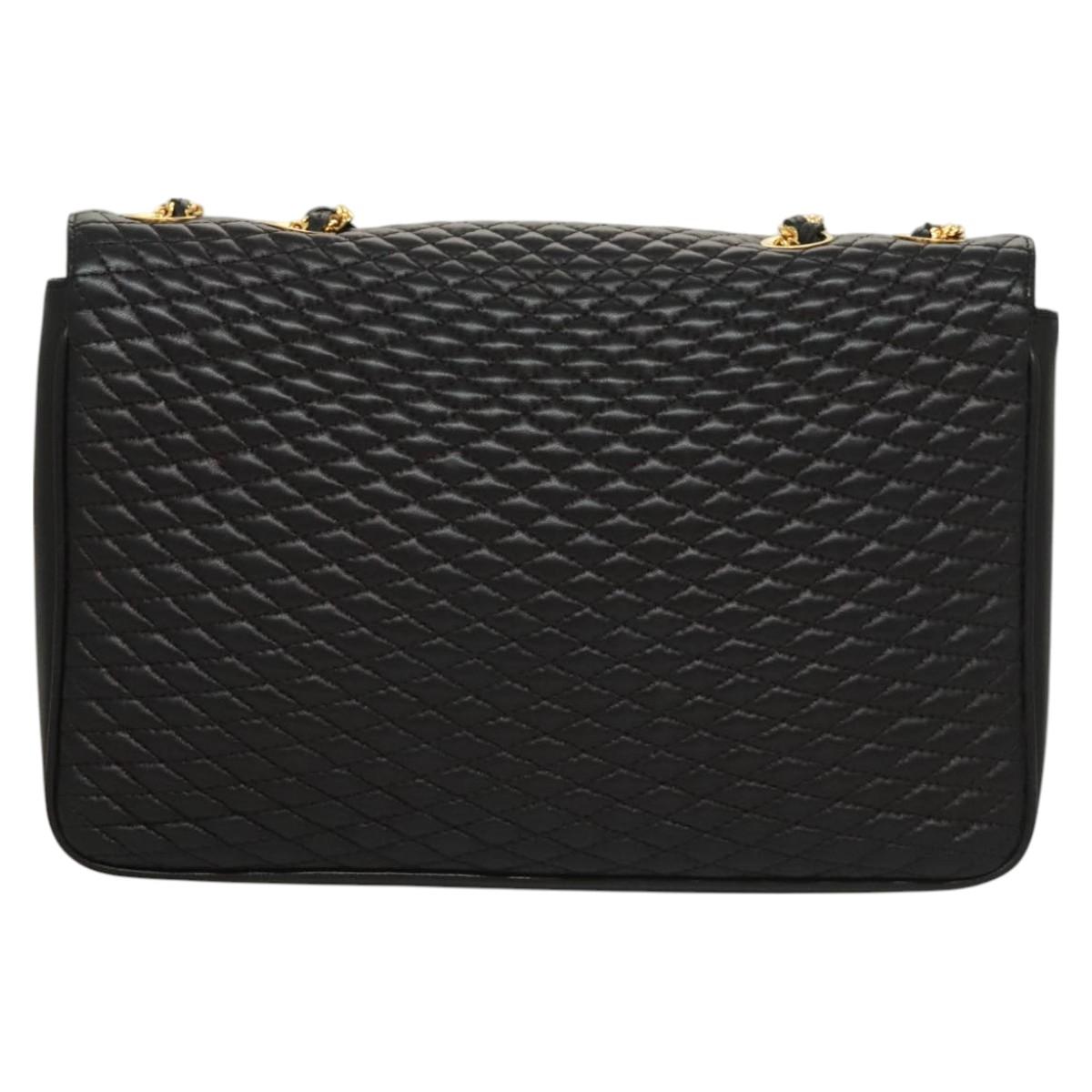 BALLY Chain Shoulder Bag Leather Black Gold Auth kk526