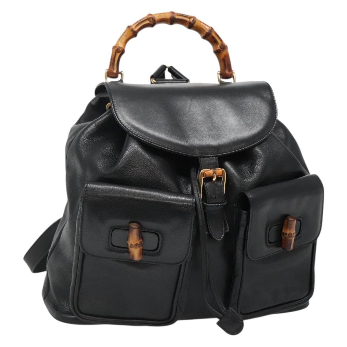 GUCCI Bamboo Backpack Leather Black Gold 003 2058 0030 Auth kk534