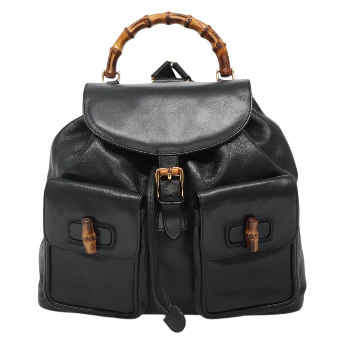 GUCCI Bamboo Backpack Leather Black Gold 003 2058 0030 Auth kk534
