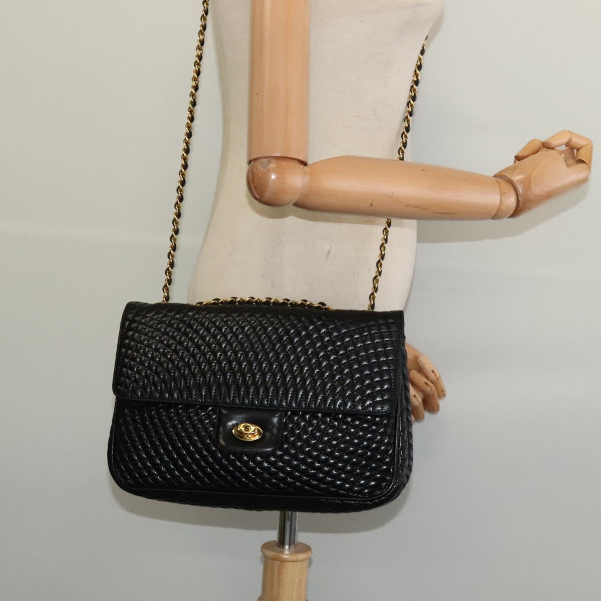 BALLY Chain Shoulder Bag Leather Black Gold Auth kk543
