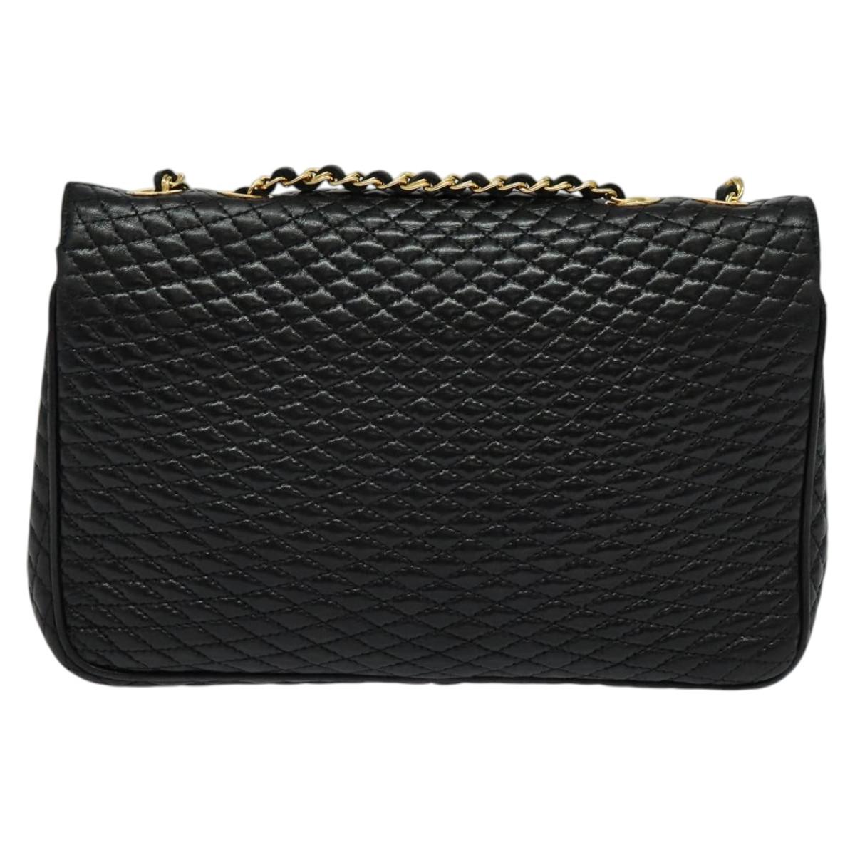 BALLY Chain Shoulder Bag Leather Black Gold Auth kk543