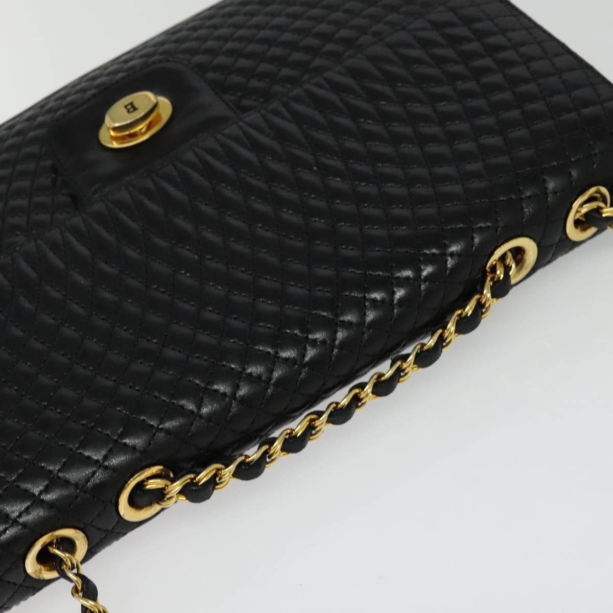 BALLY Chain Shoulder Bag Leather Black Gold Auth kk543