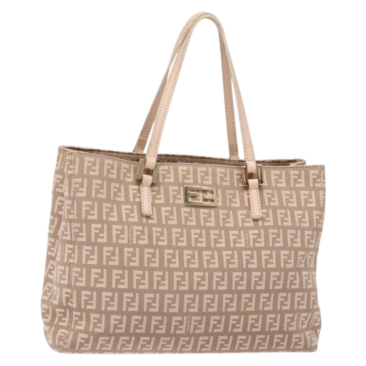 FENDI Zucchino Canvas Hand Bag Beige Gold Auth kk549