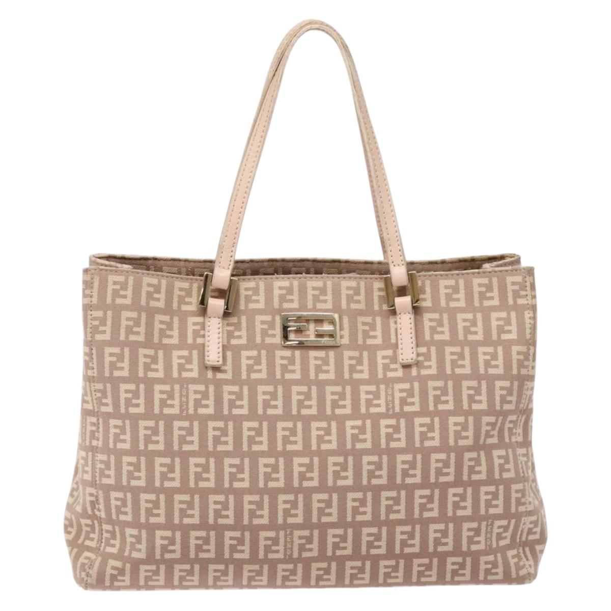 FENDI Zucchino Canvas Hand Bag Beige Gold Auth kk549