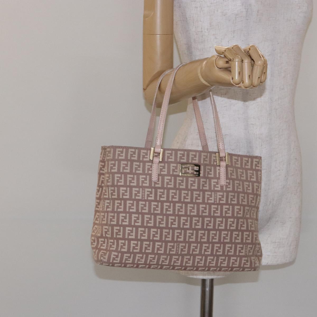 FENDI Zucchino Canvas Hand Bag Beige Gold Auth kk549