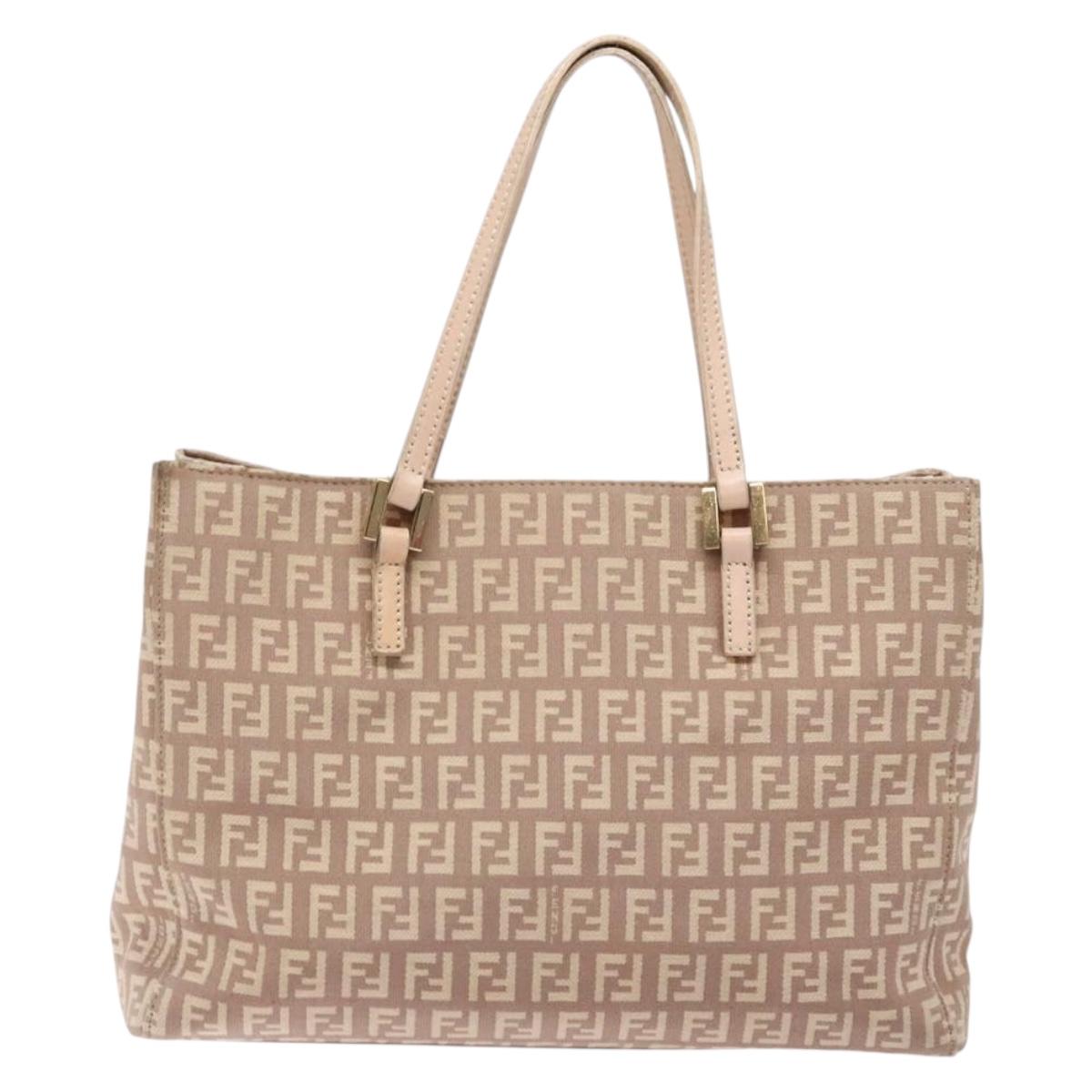 FENDI Zucchino Canvas Hand Bag Beige Gold Auth kk549