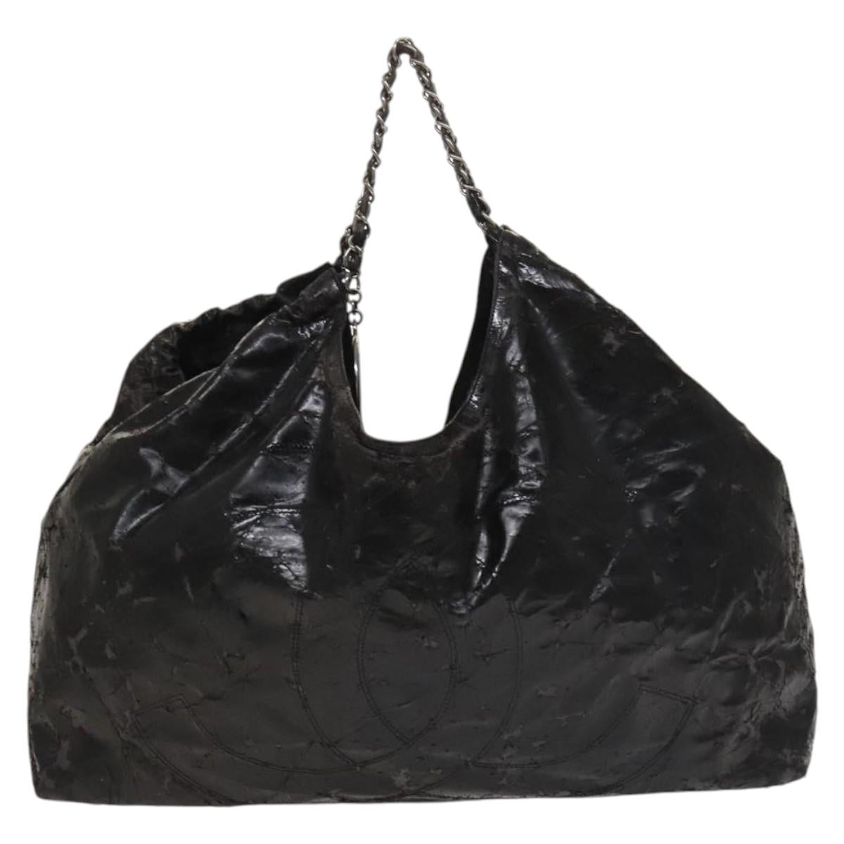 CHANEL Chain Shoulder Bag Coated Canvas Silver Black CC Auth kk553