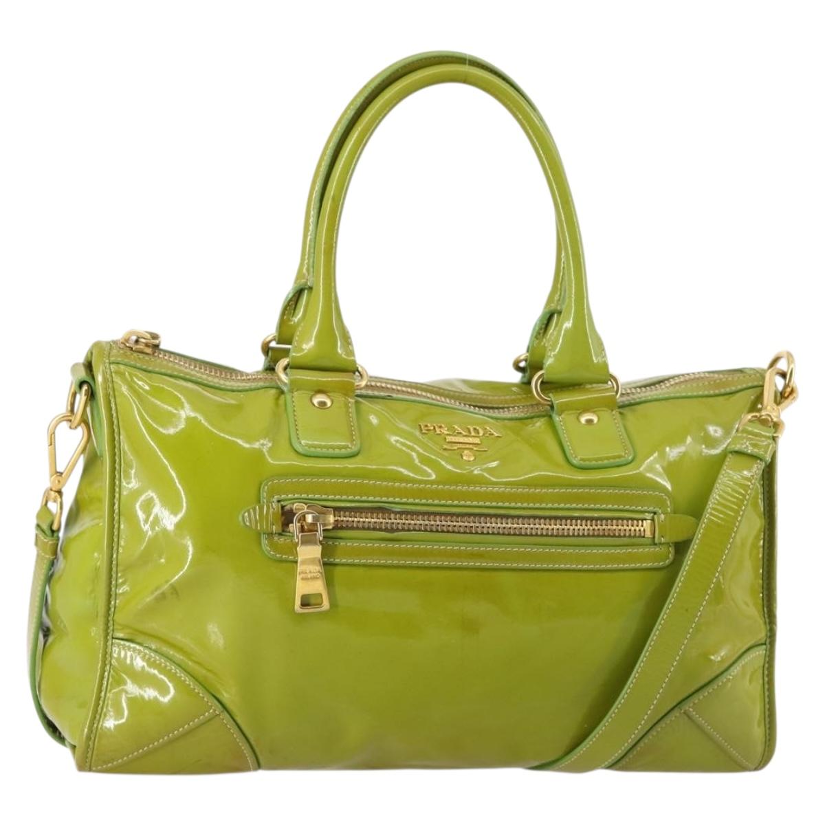 PRADA Hand Bag Enamel 2way Green Gold Auth kk555