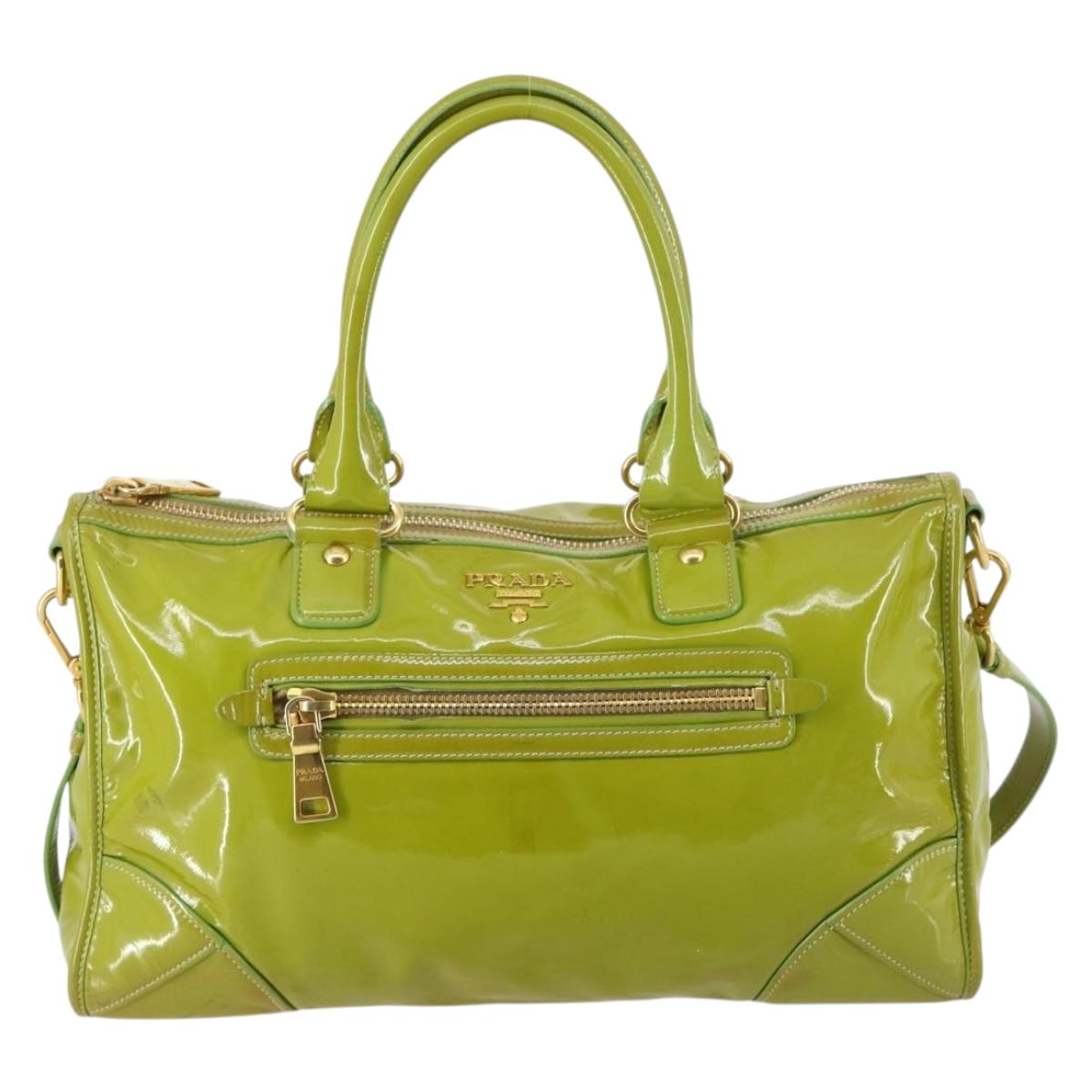 PRADA Hand Bag Enamel 2way Green Gold Auth kk555