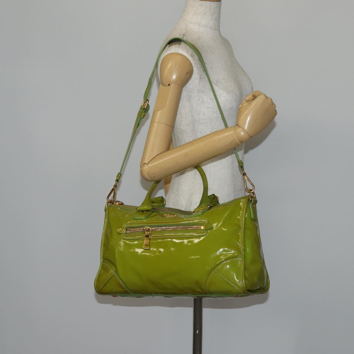 PRADA Hand Bag Enamel 2way Green Gold Auth kk555