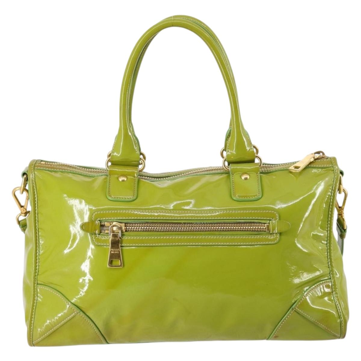 PRADA Hand Bag Enamel 2way Green Gold Auth kk555