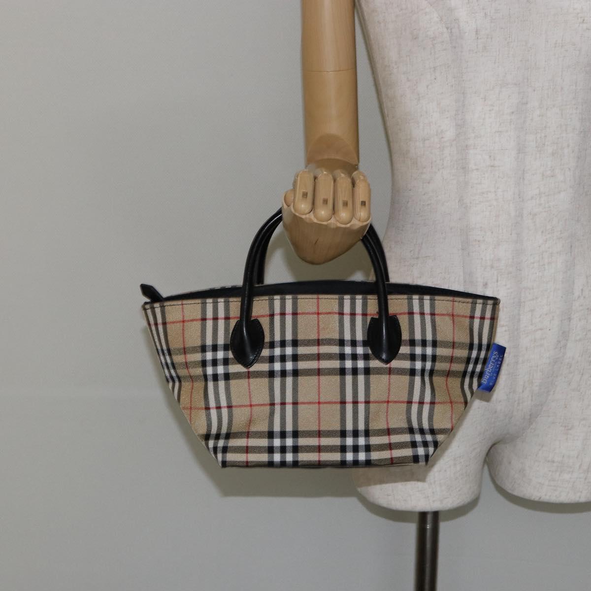 Burberrys Nova Check Blue Label Hand Bag Nylon Beige Silver Auth kk557