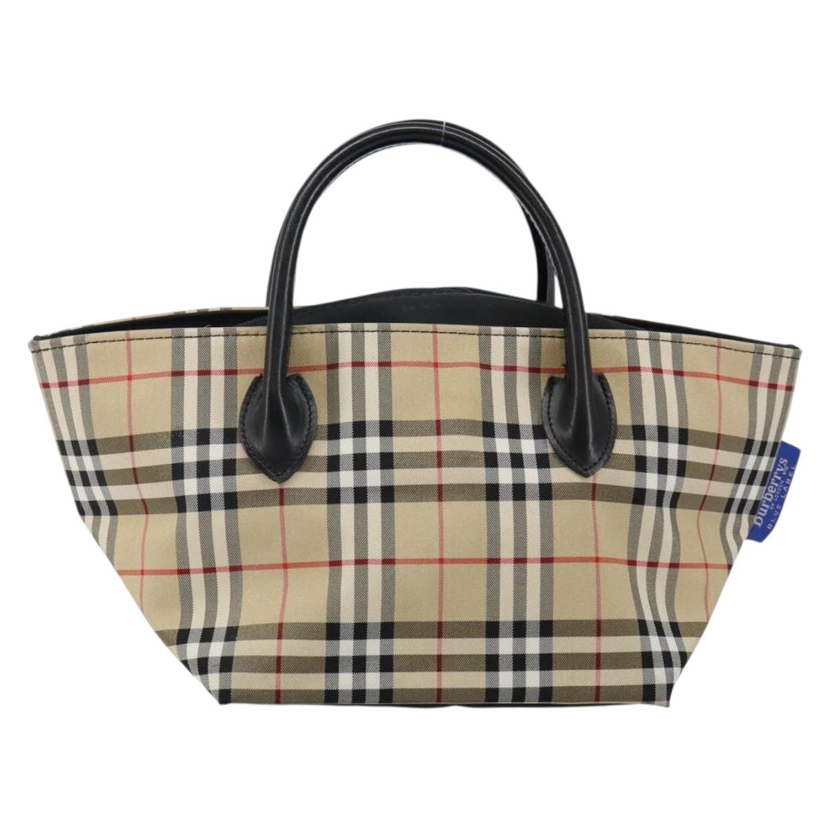 Burberrys Nova Check Blue Label Hand Bag Nylon Beige Silver Auth kk557