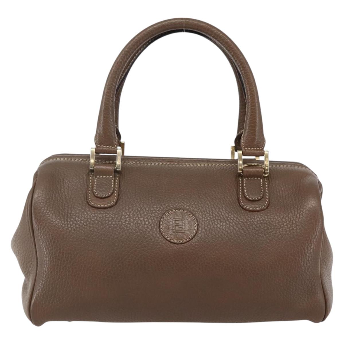 FENDI Hand Bag Leather Brown Gold Auth kk558