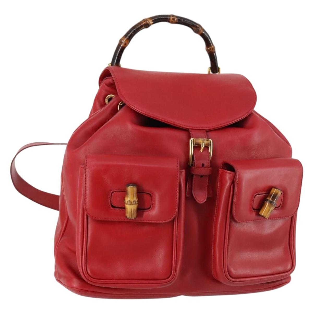 GUCCI Bamboo Backpack Leather Red Gold 003 2058 0016 Auth kk563