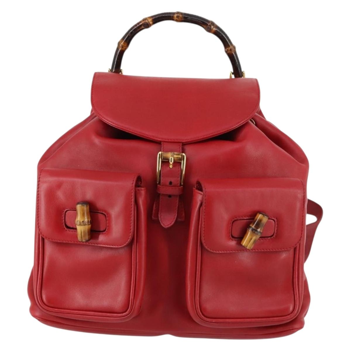 GUCCI Bamboo Backpack Leather Red Gold 003 2058 0016 Auth kk563