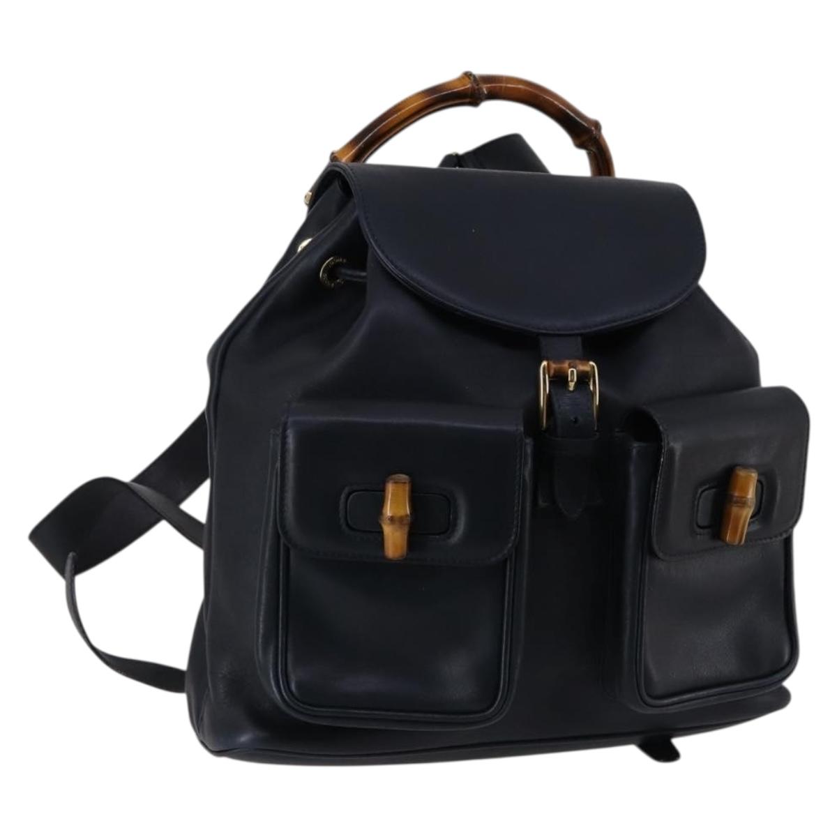 GUCCI Bamboo Backpack Leather Navy Gold 003 2058 0016 Auth kk564