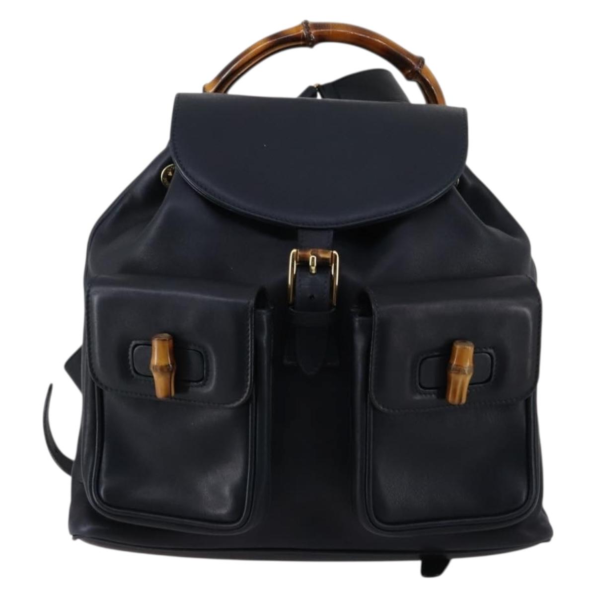GUCCI Bamboo Backpack Leather Navy Gold 003 2058 0016 Auth kk564