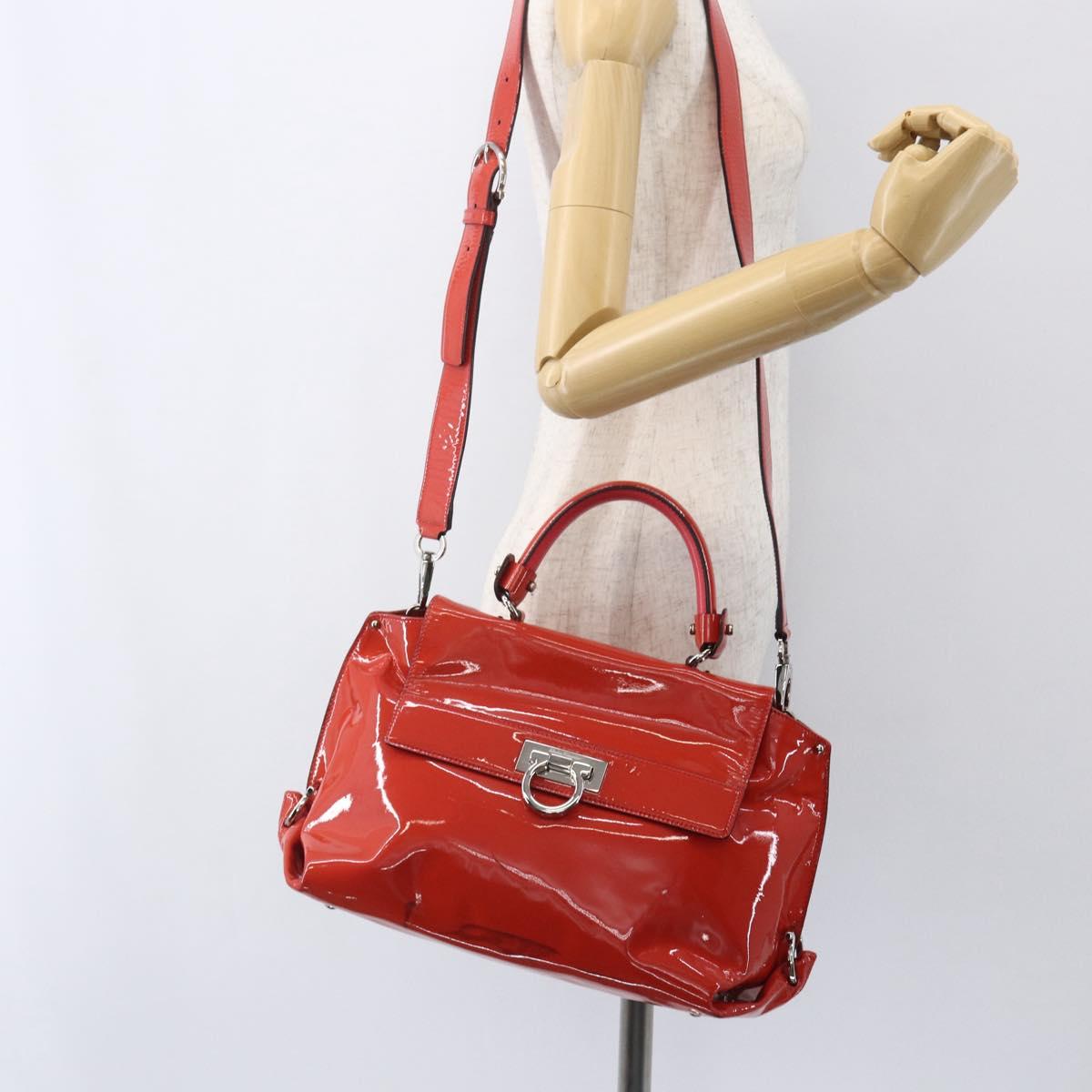 Salvatore Ferragamo Gancini Hand Bag Enamel 2way Red Silver Auth kk576