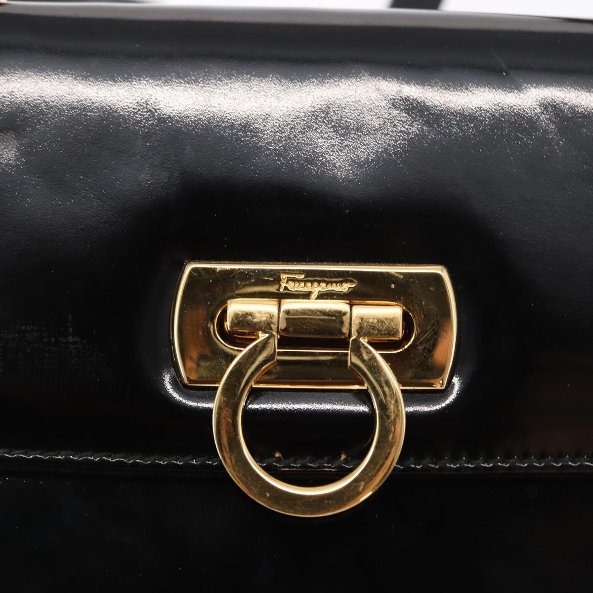 Salvatore Ferragamo Gancini Shoulder Bag Enamel Black Gold Auth kk580