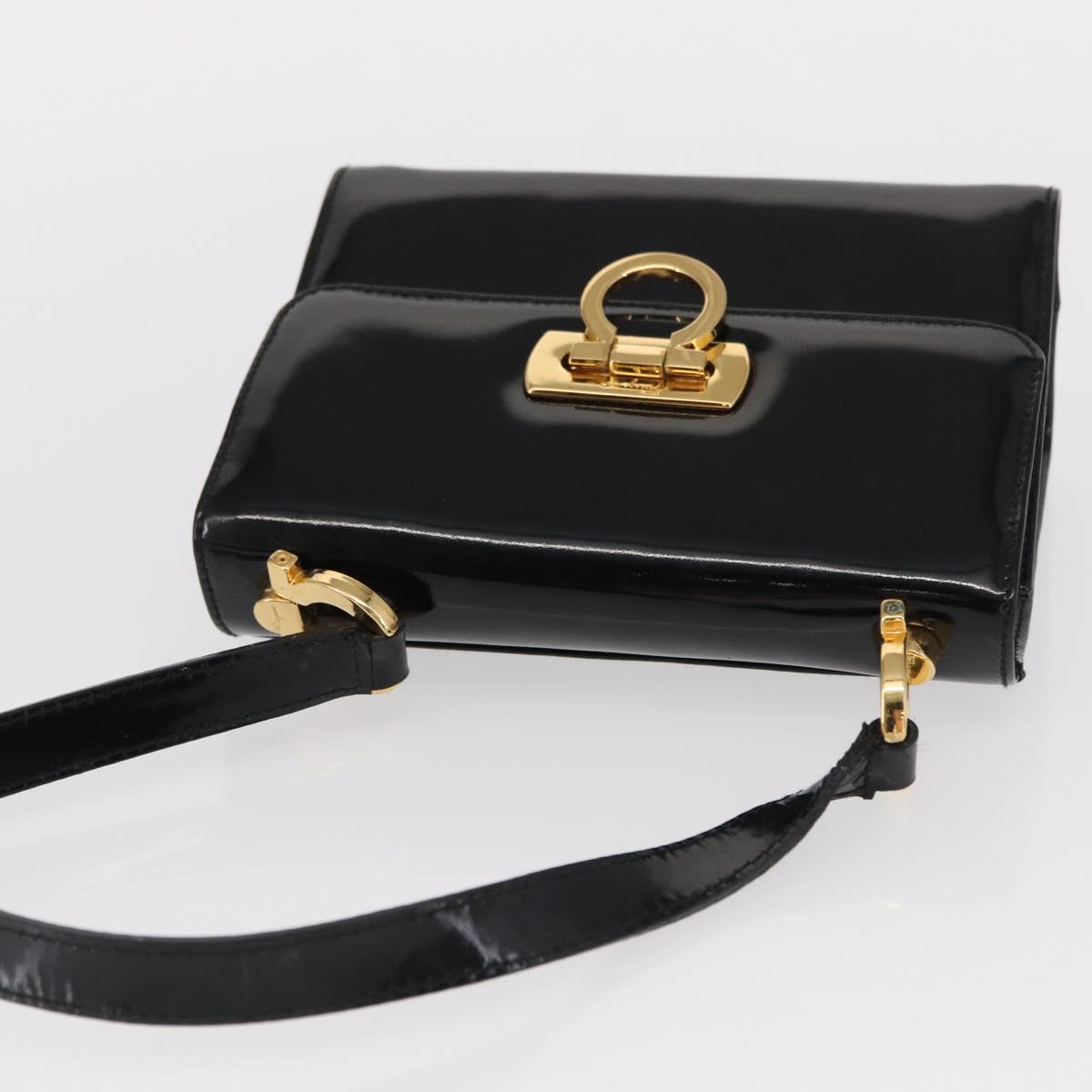 Salvatore Ferragamo Gancini Shoulder Bag Enamel Black Gold Auth kk580