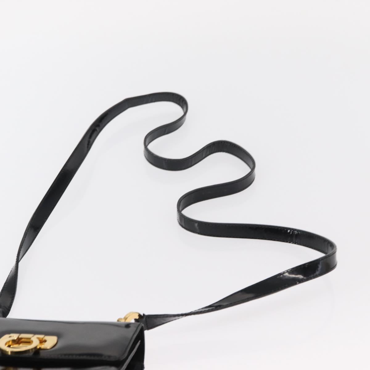 Salvatore Ferragamo Gancini Shoulder Bag Enamel Black Gold Auth kk580
