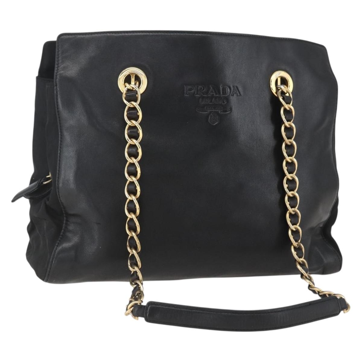 PRADA Chain Tote Bag Leather Black Gold Auth kk585