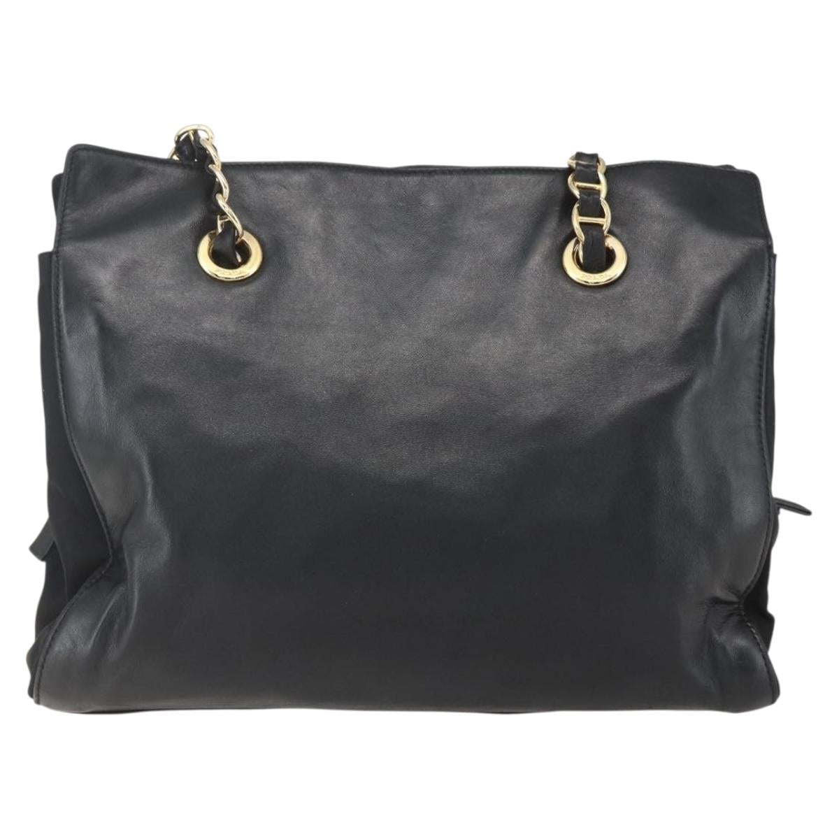 PRADA Chain Tote Bag Leather Black Gold Auth kk585