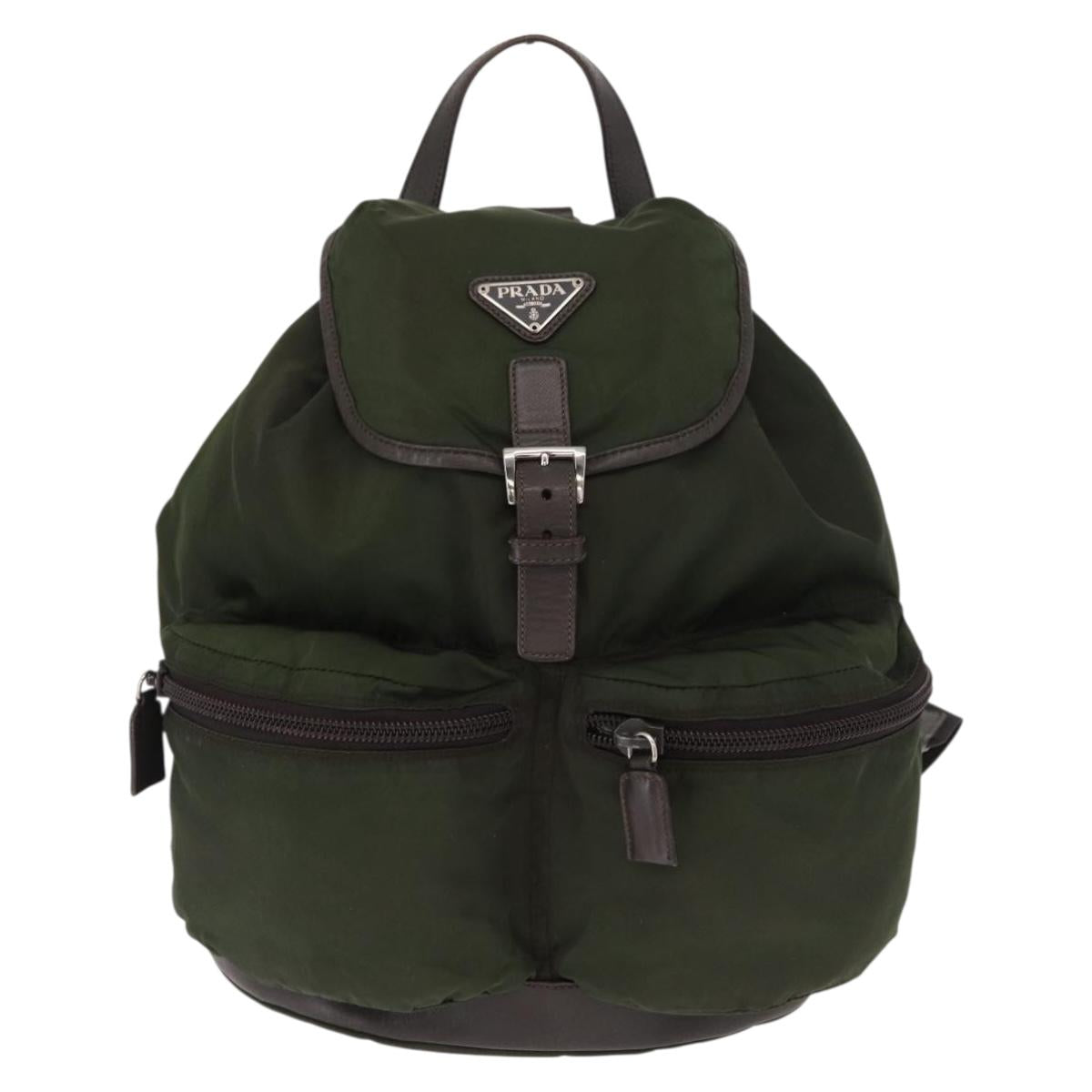 PRADA Backpack Nylon Khaki Silver Auth kk592