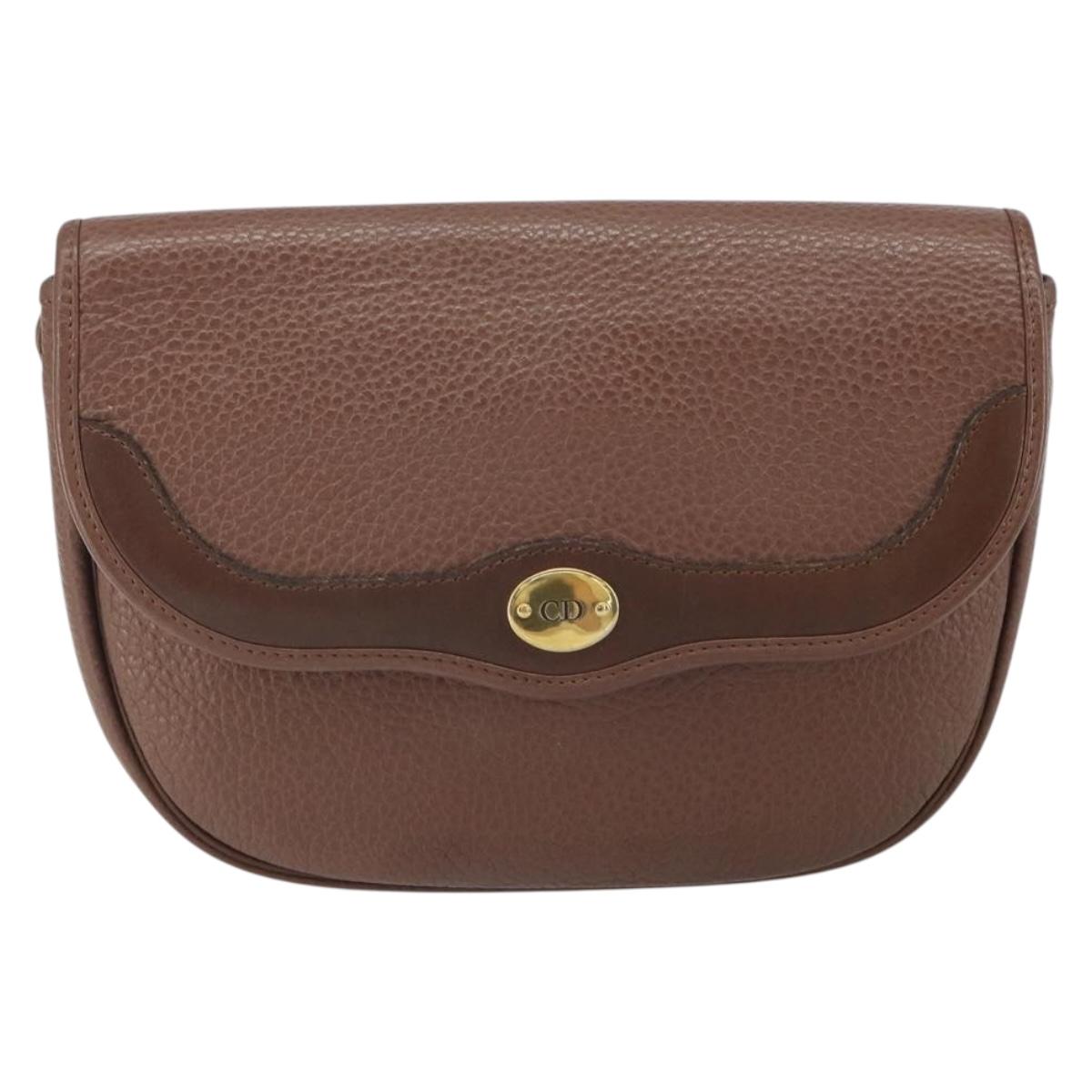 Christian Dior Shoulder Bag Leather Brown Gold Auth kk606