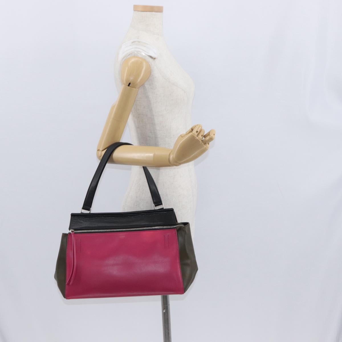 CELINE Edge Small Hand Bag Leather Pink Black khaki Auth kk608